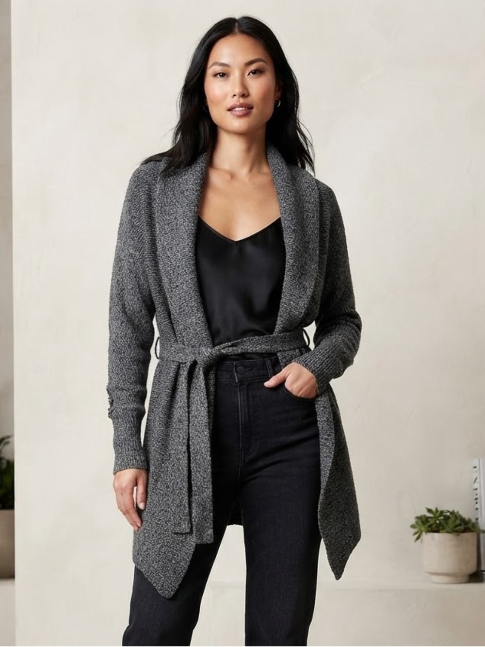 Express Merino Wool Blended Charcoal Gray Shawl-Collar Belted Cardigan